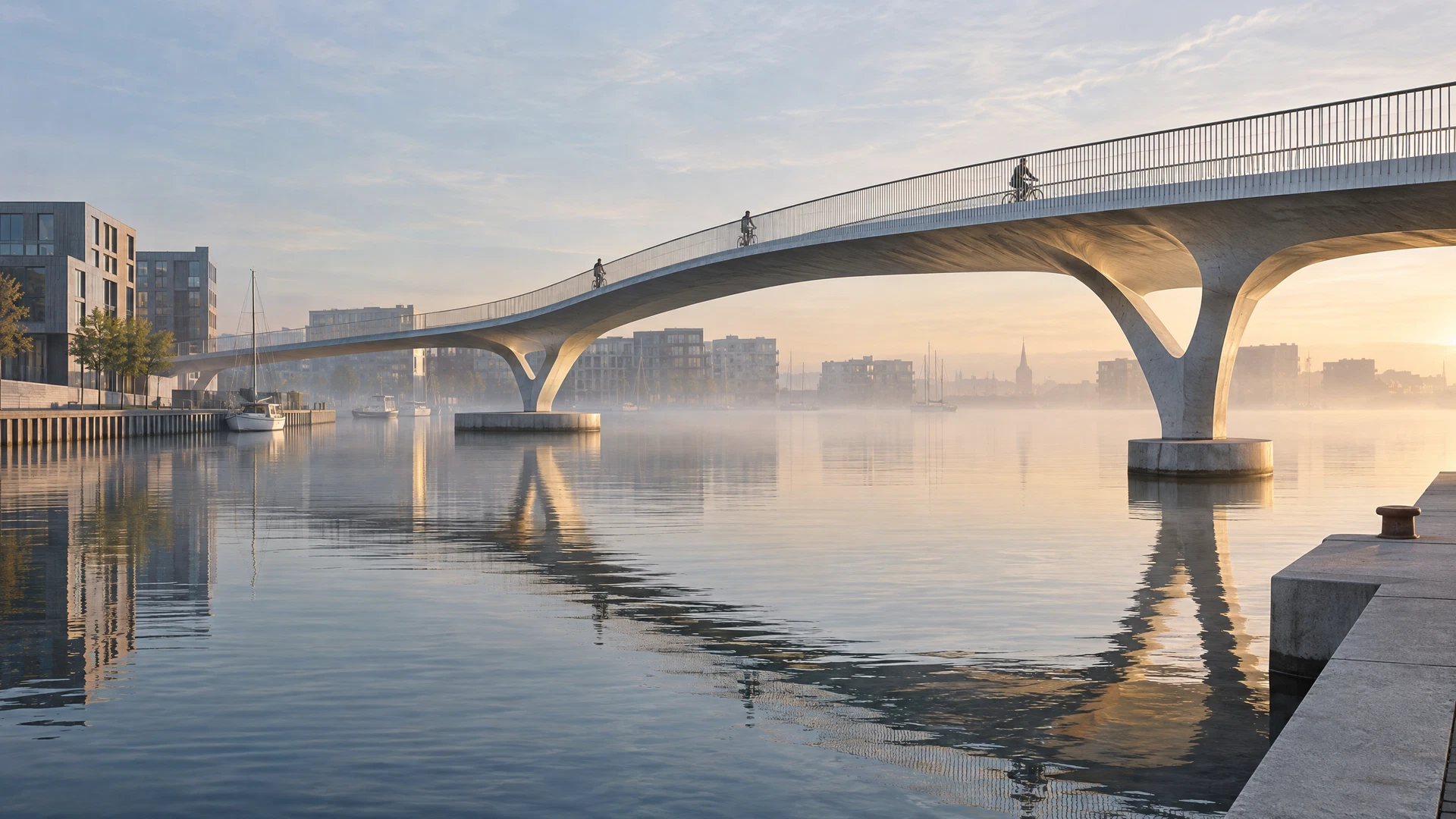 A curved pedestrian and cycling bridge spanning a calm harbour